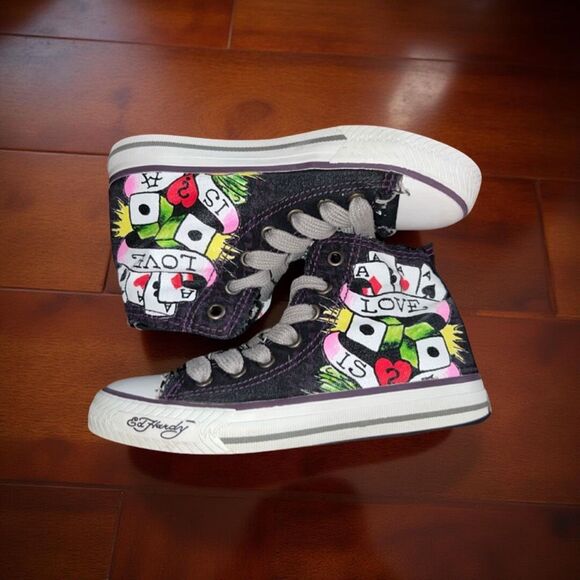 Rare Kids Black Ed Hardy “Love Is” Skull Aces Canvas High Top Sneakers Size 1 - Picture 1 of 12